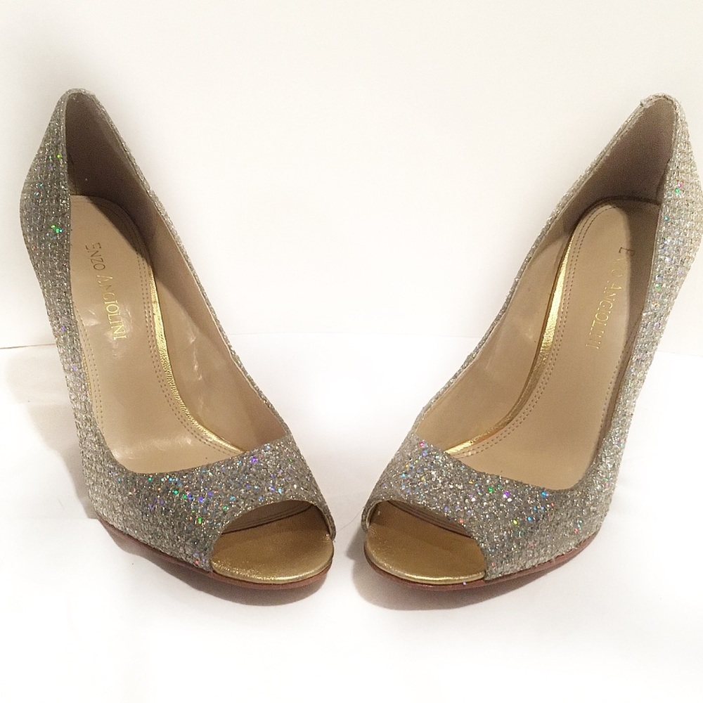 Enzo Angiolini shiny glitter & gold open toe heels